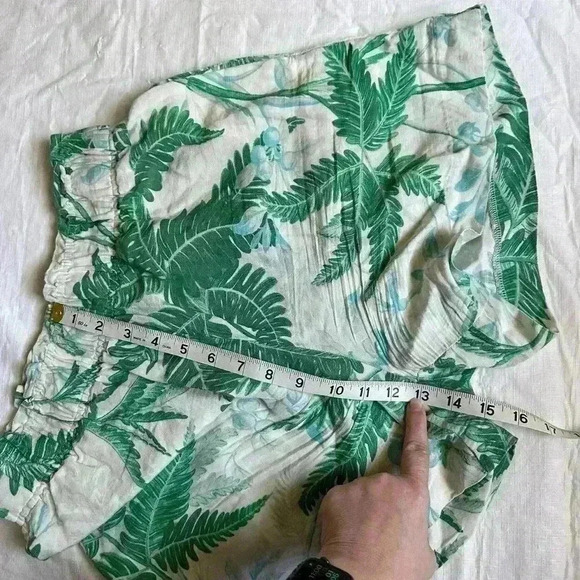 H&M High Waist Shorts S Womens Tropical Print Linen Blend Green Cream Pockets - Picture 4 of 6